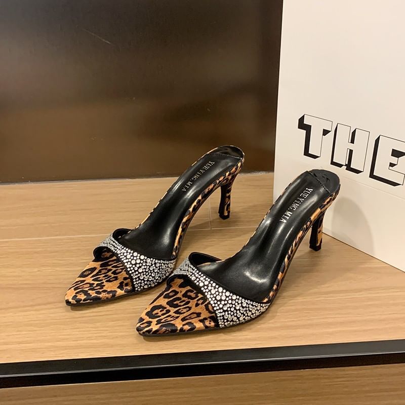 Pointy Rhinestone Heel High Slide Sandals