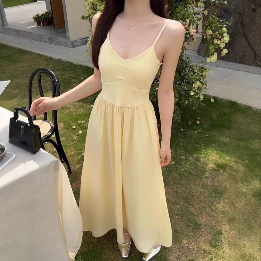 V-Neck Plain A-Line Maxi Dress with Spaghetti Straps