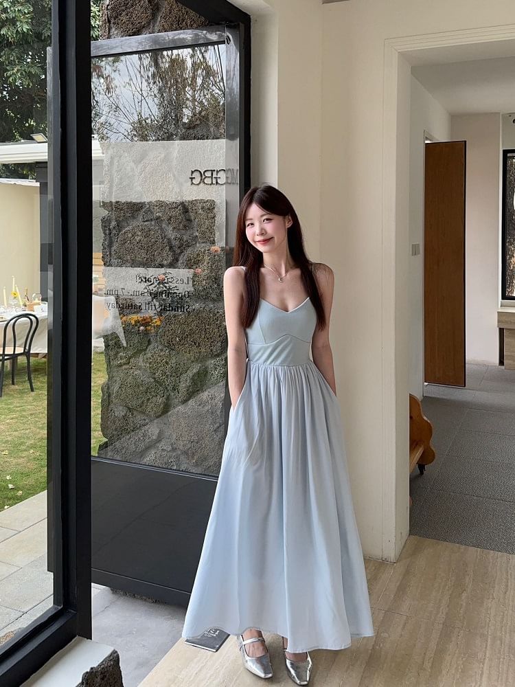 V-Neck Plain A-Line Maxi Dress with Spaghetti Straps