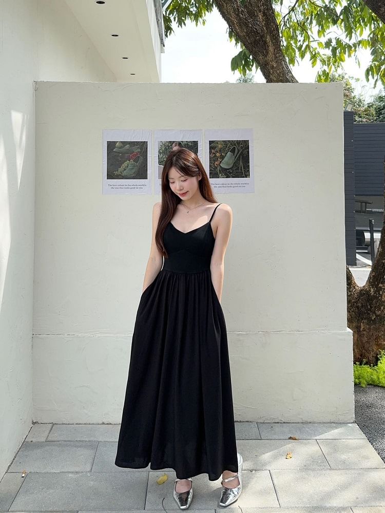 V-Neck Plain A-Line Maxi Dress with Spaghetti Straps