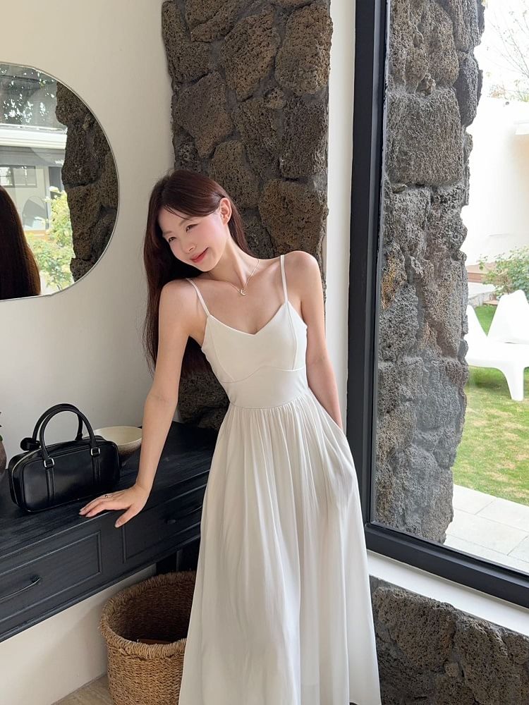 V-Neck Plain A-Line Maxi Dress with Spaghetti Straps