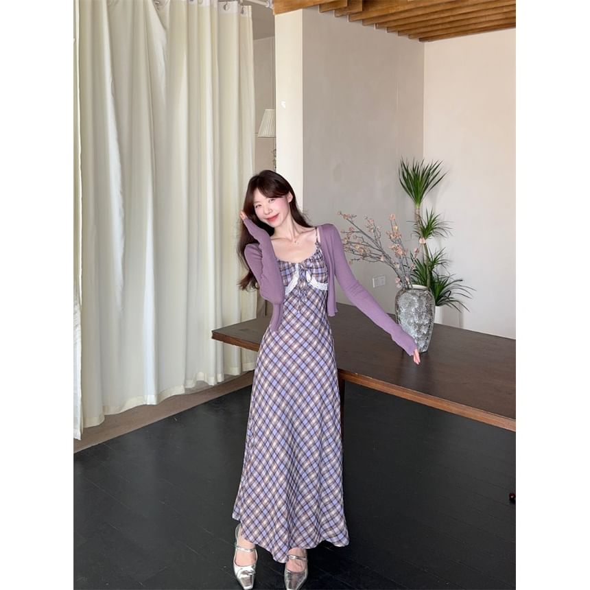 Plaid Maxi A-Line Dress with Scoop Neck and Plain Crop Cardigan
