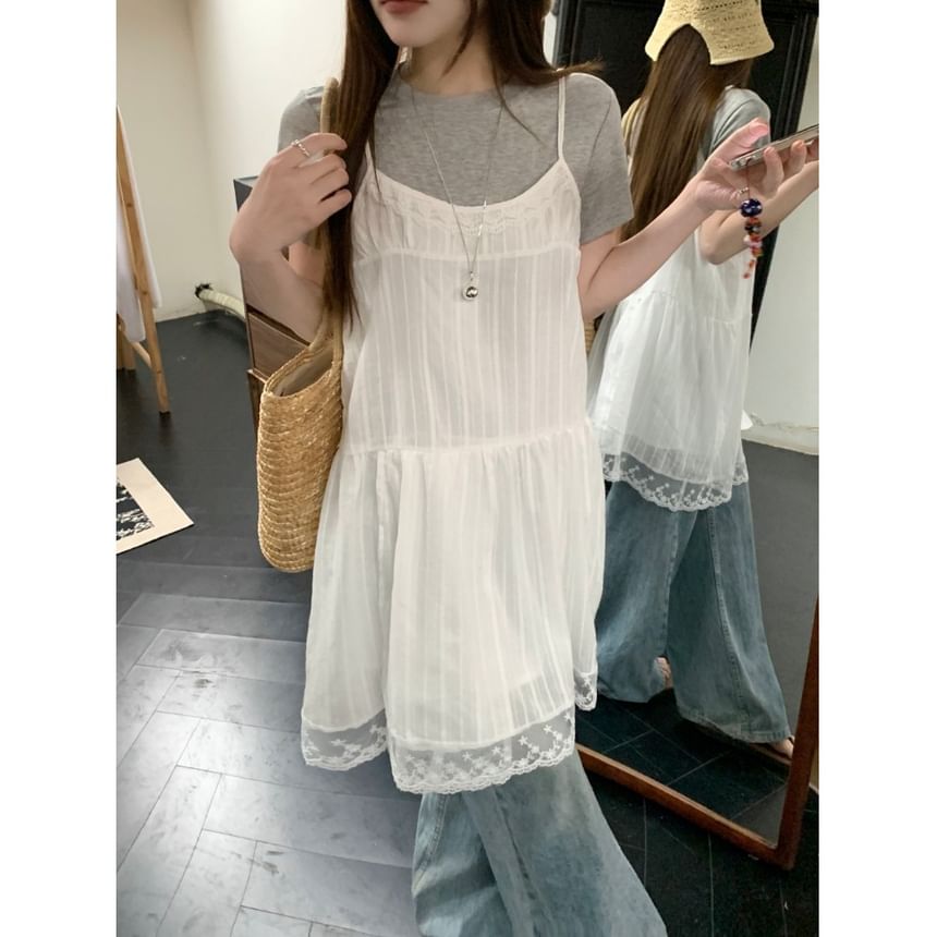 Lace Trim Mini A-Line Dress with Short Sleeve Tee and Scoop Neck