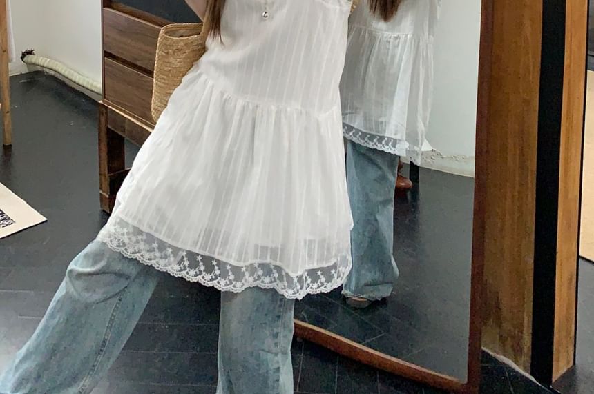 Lace Trim Mini A-Line Dress with Short Sleeve Tee and Scoop Neck