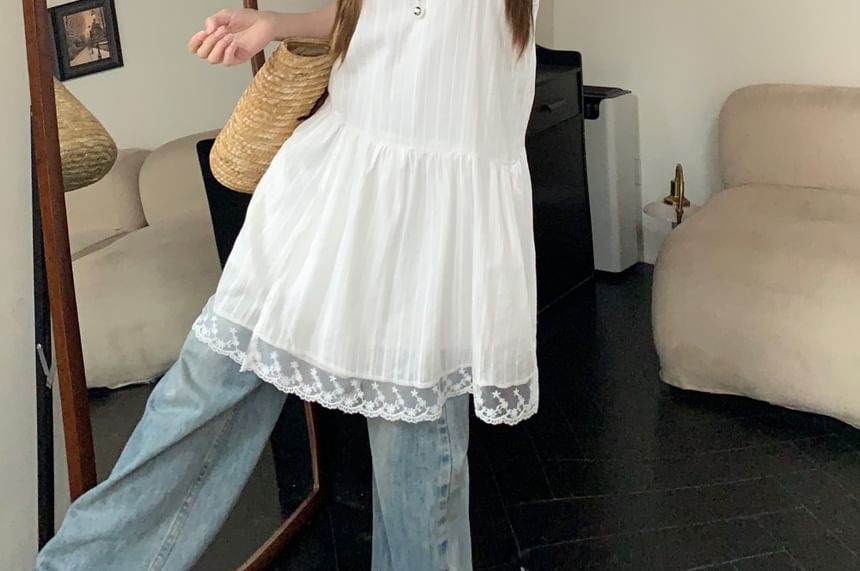 Lace Trim Mini A-Line Dress with Short Sleeve Tee and Scoop Neck