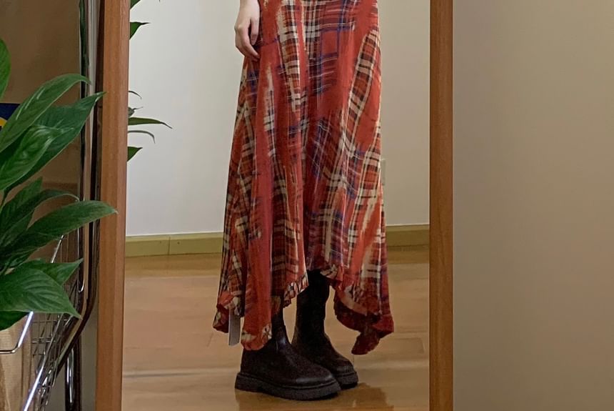 Plaid Asymmetrical Maxi Sundress with Spaghetti Straps