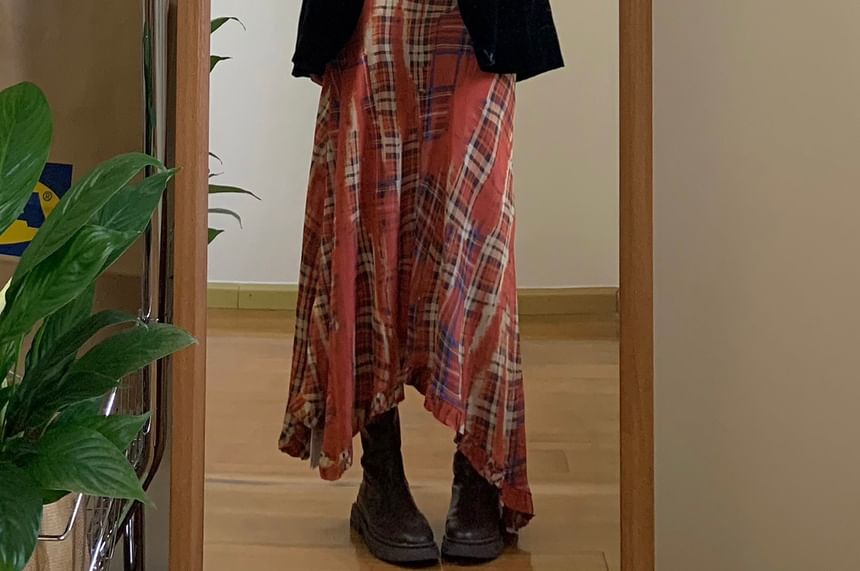 Plaid Asymmetrical Maxi Sundress with Spaghetti Straps