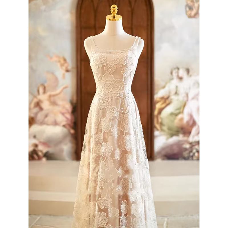 Sleeveless Square Neck Jacquard A-Line Wedding Gown