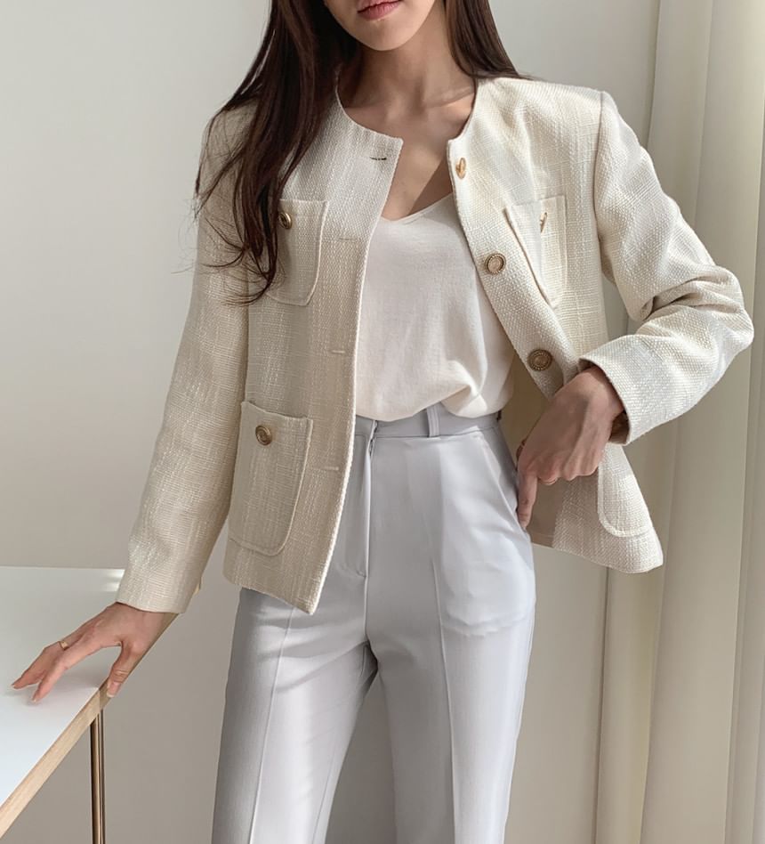 Round Neck Pocket Tweed Button Jacket