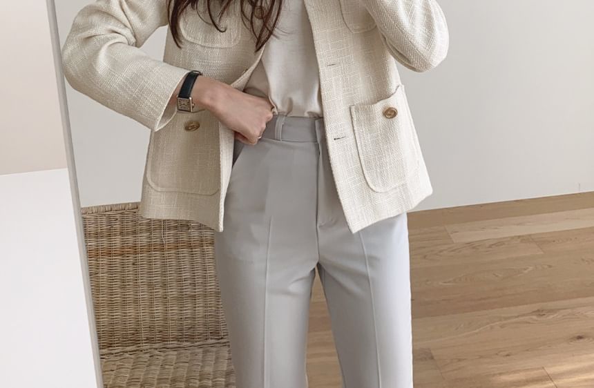 Round Neck Pocket Tweed Button Jacket
