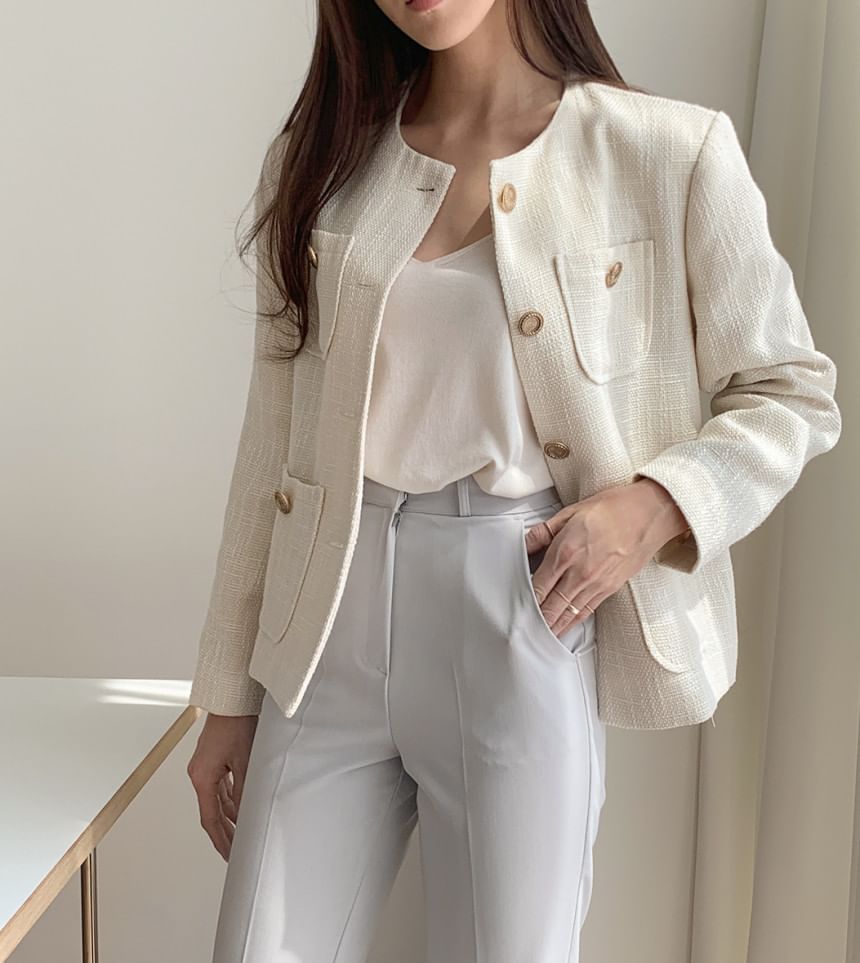 Round Neck Pocket Tweed Button Jacket