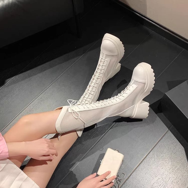 Mesh Chunky Lace-Up Panel Boots Tall Platform Heel