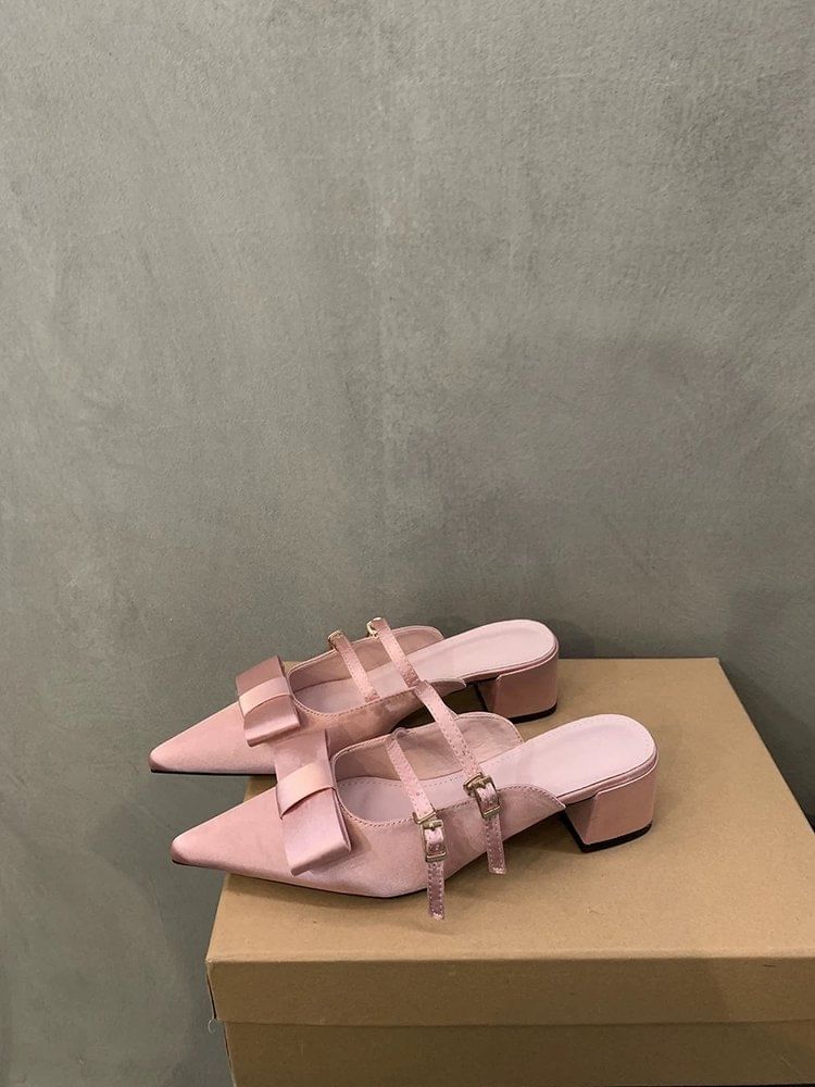 Toe Chunky Mules Mary Heel Bow Pointed Jane