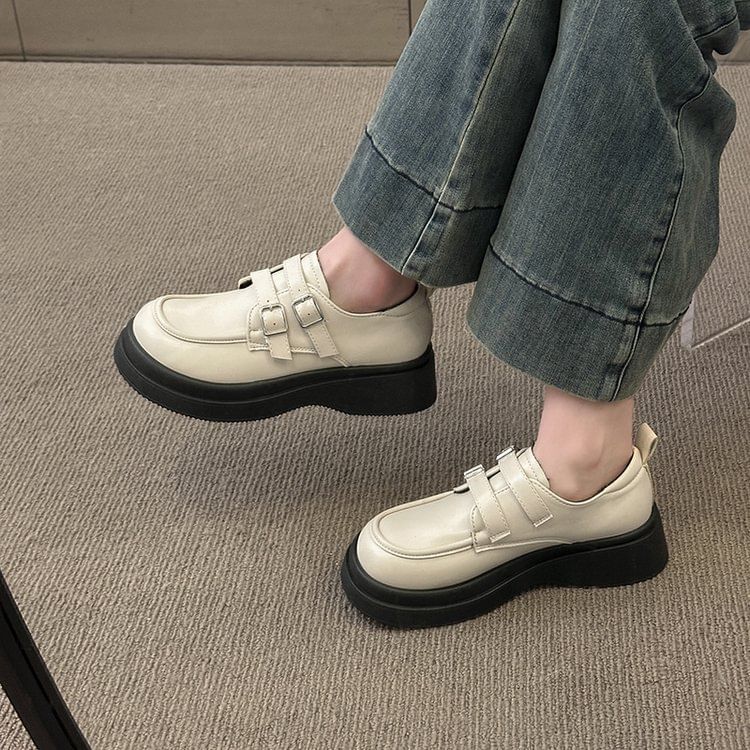 Faux Leather Loafers Platform Buckled