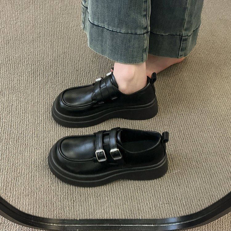 Faux Leather Loafers Platform Buckled