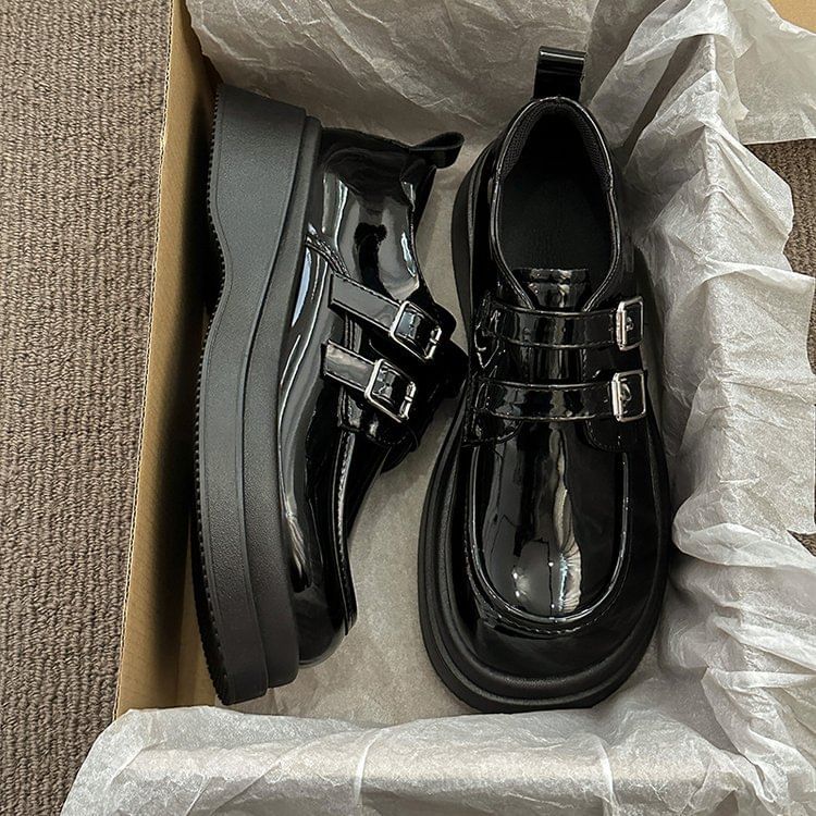 Faux Leather Loafers Platform Buckled