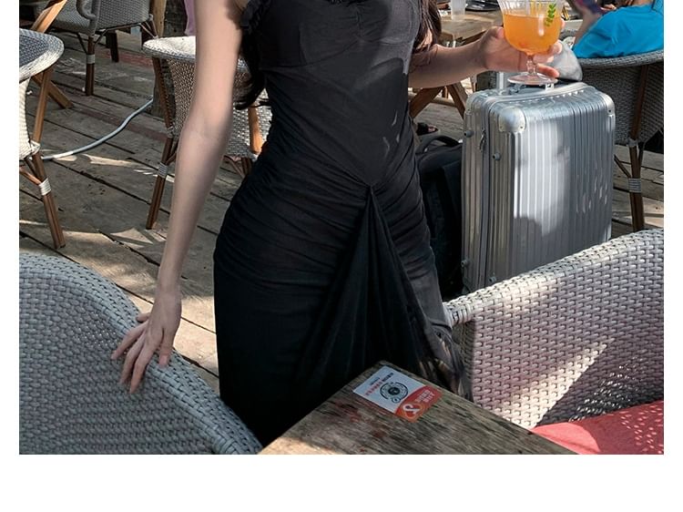 Frill Asymmetrical Ruched Maxi Sheath Dress with Spaghetti Straps