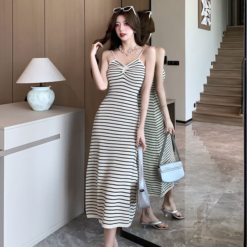 Striped Shirred Midi Knit Dress with Spaghetti Straps
