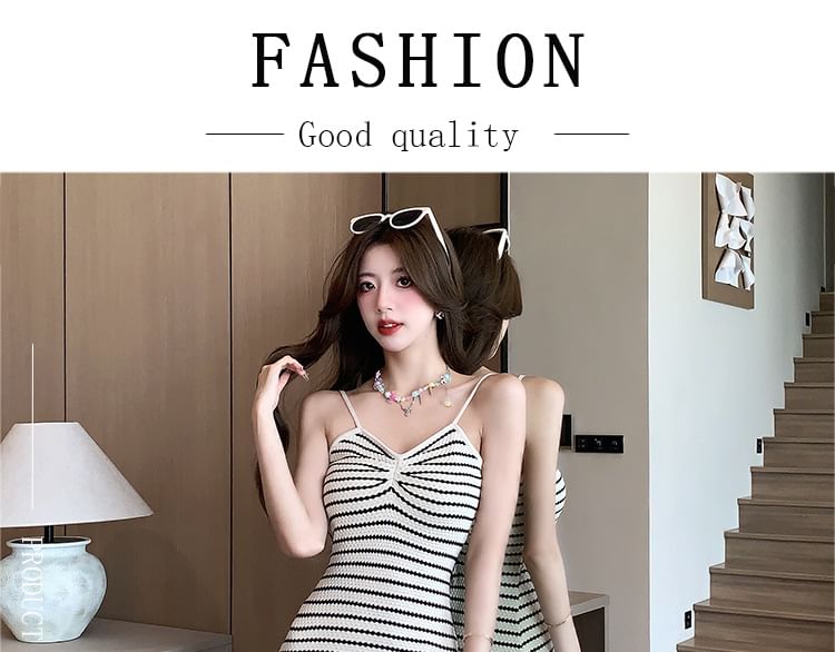 Striped Shirred Midi Knit Dress with Spaghetti Straps
