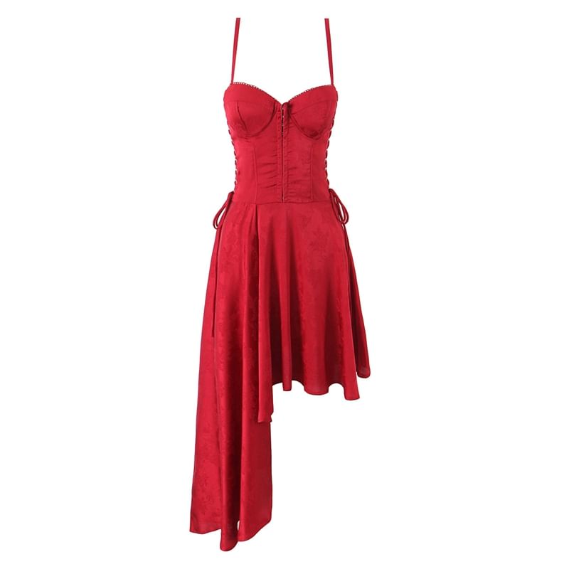 Lace-Up Asymmetrical Midi A-Line Dress with Spaghetti Straps