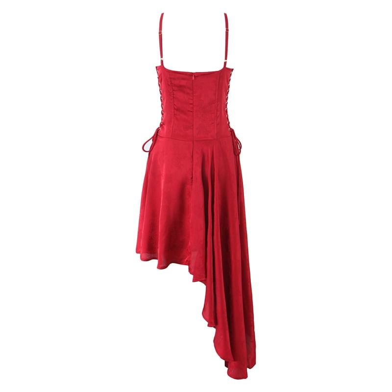 Lace-Up Asymmetrical Midi A-Line Dress with Spaghetti Straps