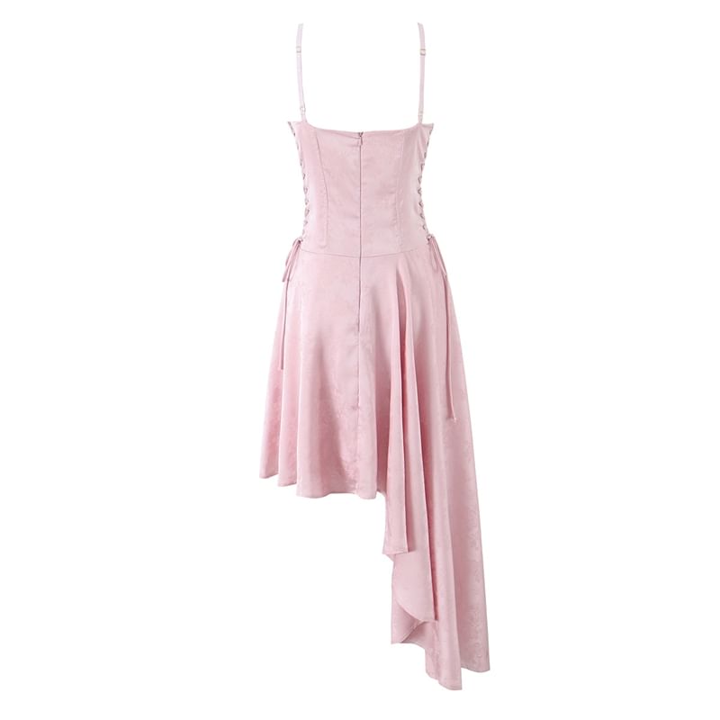 Lace-Up Asymmetrical Midi A-Line Dress with Spaghetti Straps