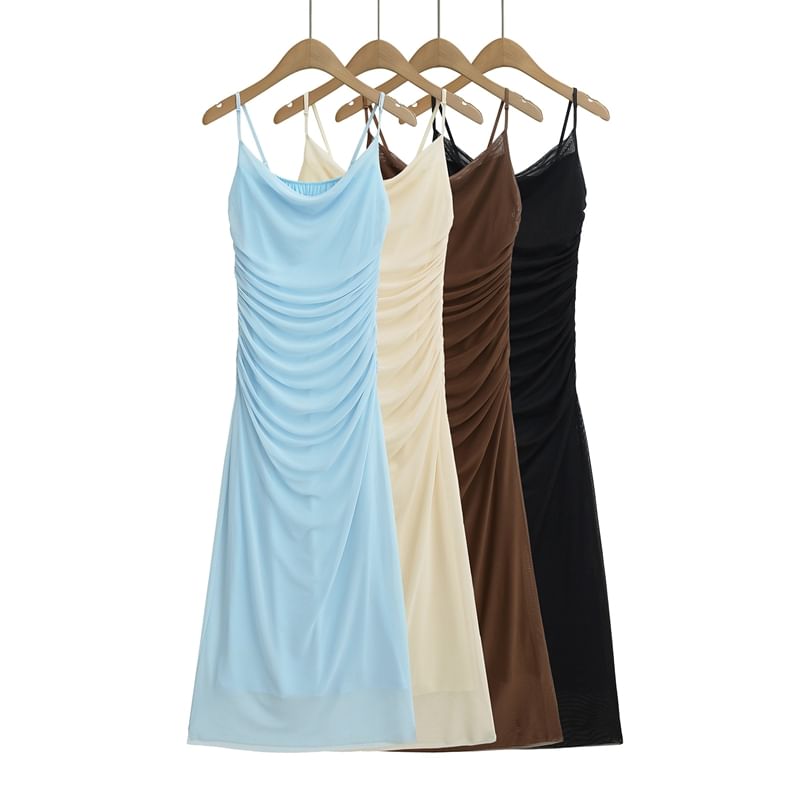 Ruched Midi A-Line Dress with Spaghetti Straps