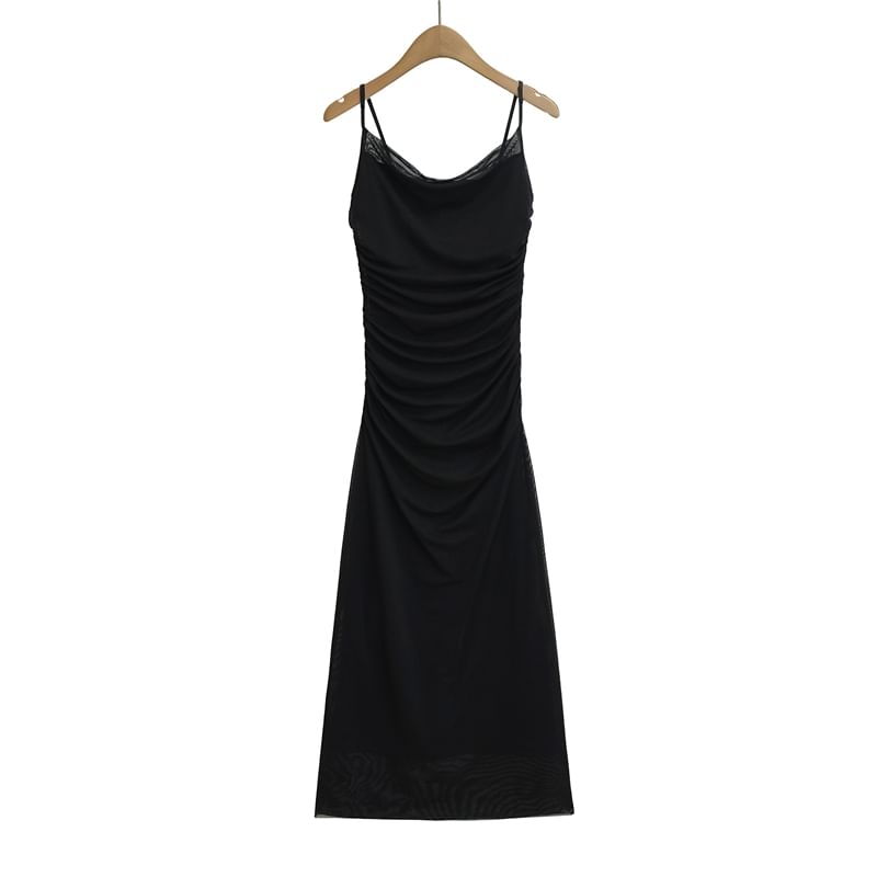 Ruched Midi A-Line Dress with Spaghetti Straps