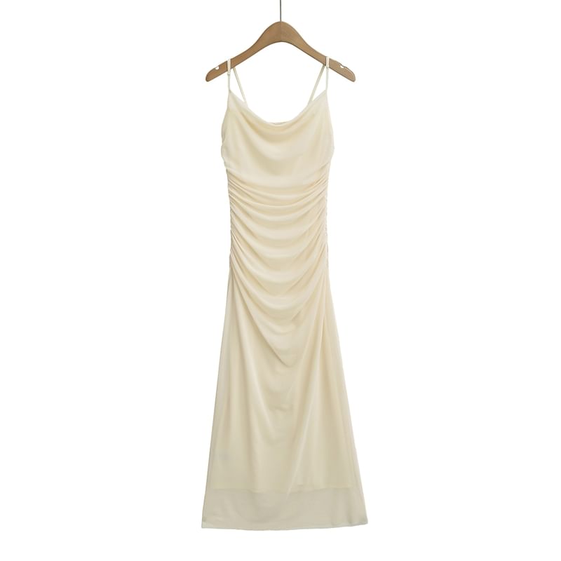 Ruched Midi A-Line Dress with Spaghetti Straps