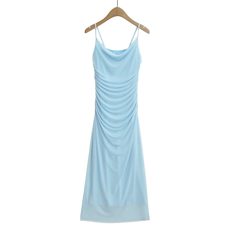 Ruched Midi A-Line Dress with Spaghetti Straps