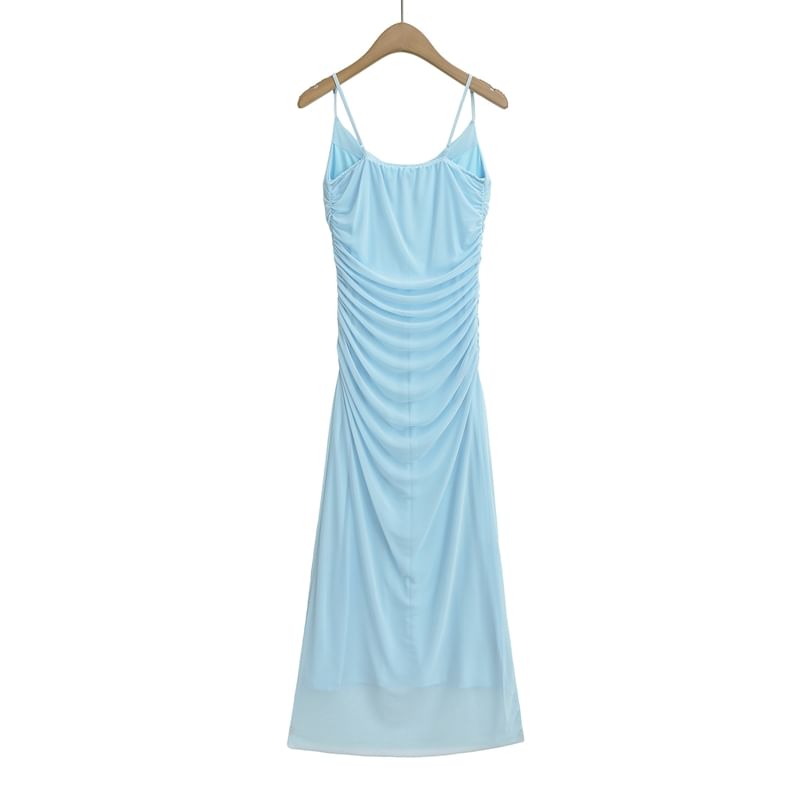 Ruched Midi A-Line Dress with Spaghetti Straps