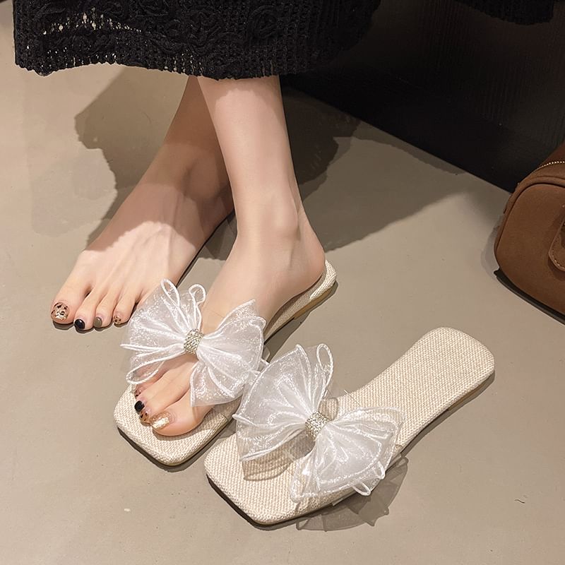 Mesh Floral Square-Toe Slide Sandals