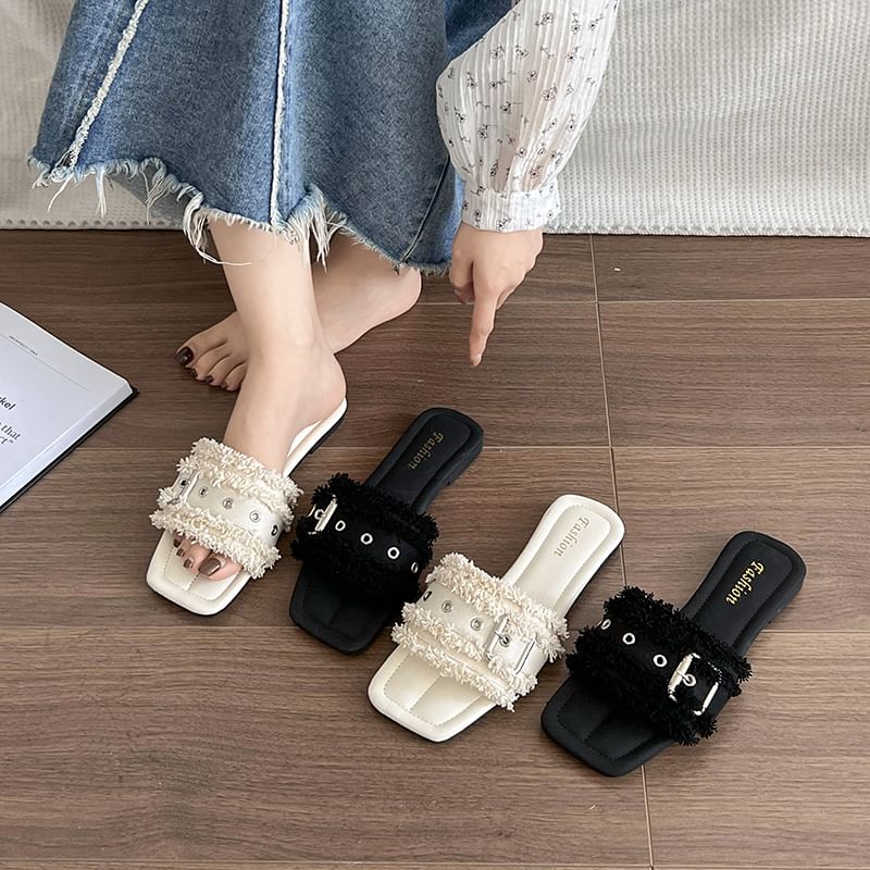 Tasseled Square-Toe Sandals Slide Buckled