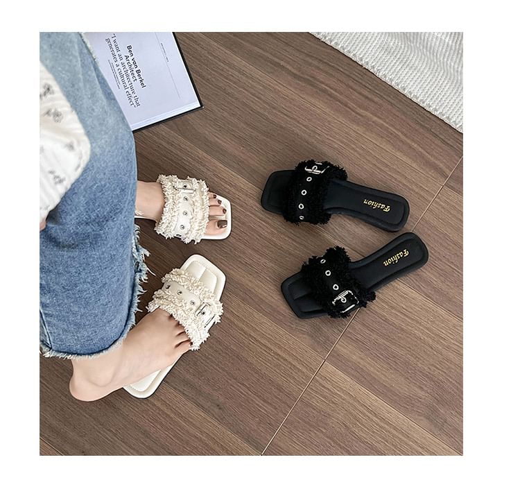 Tasseled Square-Toe Sandals Slide Buckled