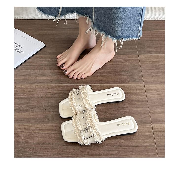 Tasseled Square-Toe Sandals Slide Buckled