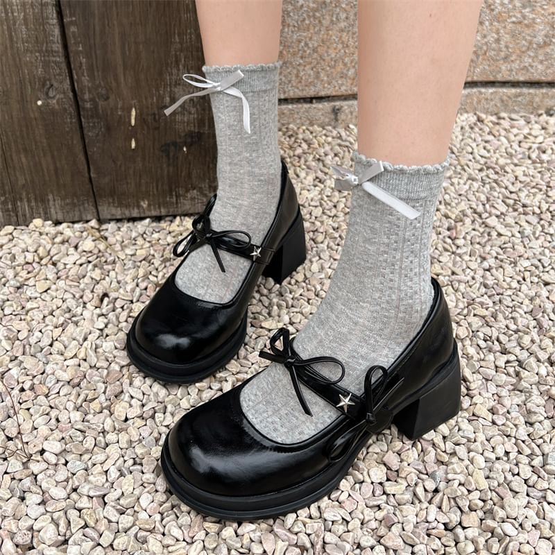 Bow Jane Shoes Heel Chunky Mary