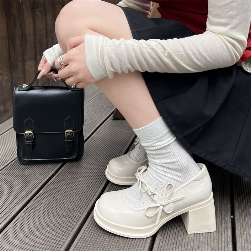 Bow Jane Shoes Heel Chunky Mary