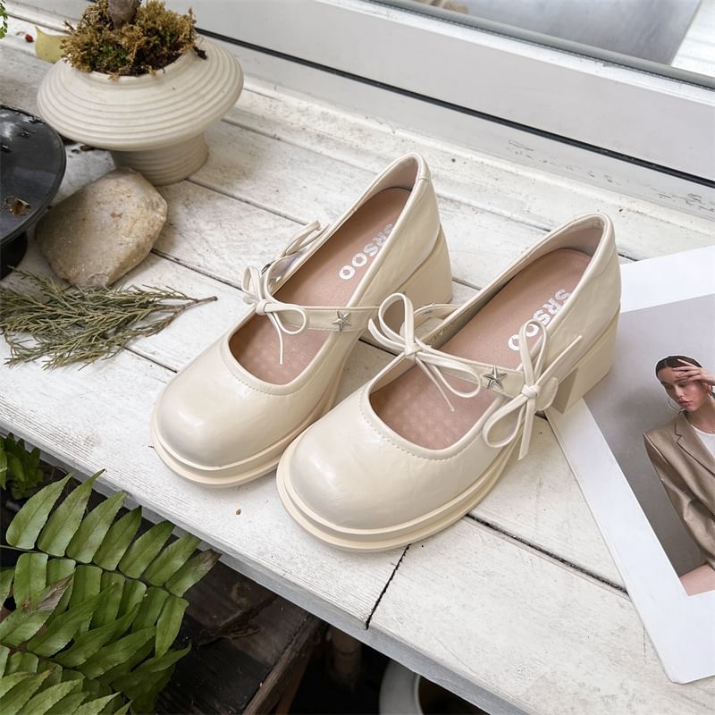 Bow Jane Shoes Heel Chunky Mary