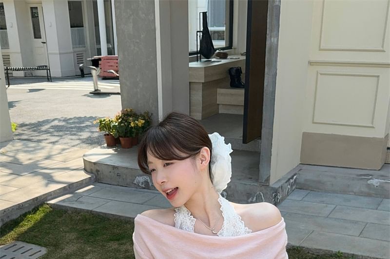 Halter Tee Long-Sleeve Two-Piece Panel Lace Slim Fit Mock