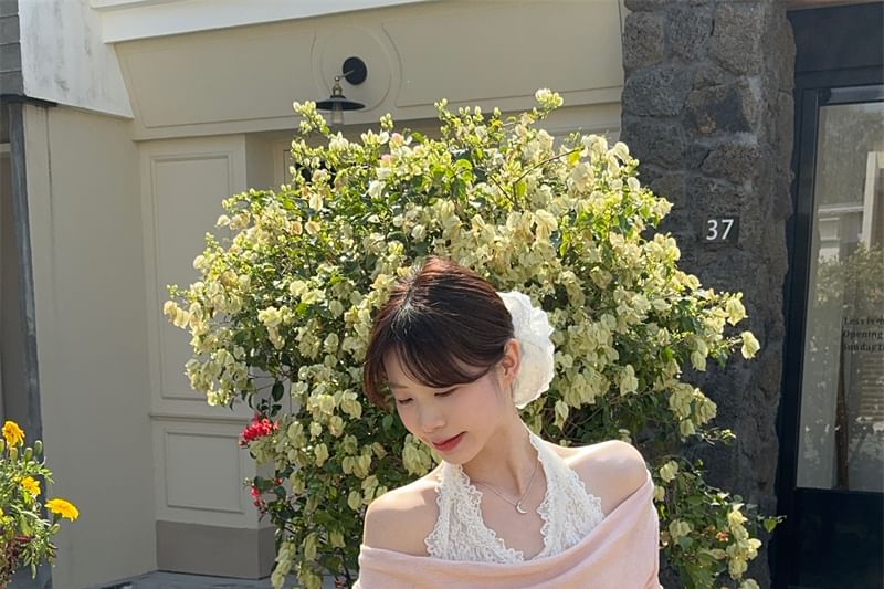 Halter Tee Long-Sleeve Two-Piece Panel Lace Slim Fit Mock