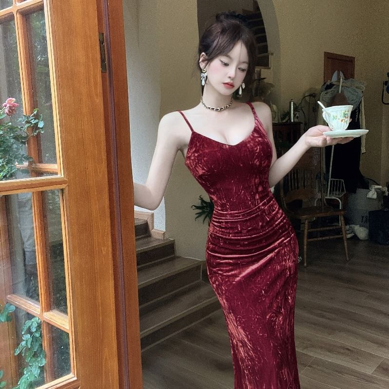 Velvet Midi Mermaid Dress with Sash and Spaghetti Straps
