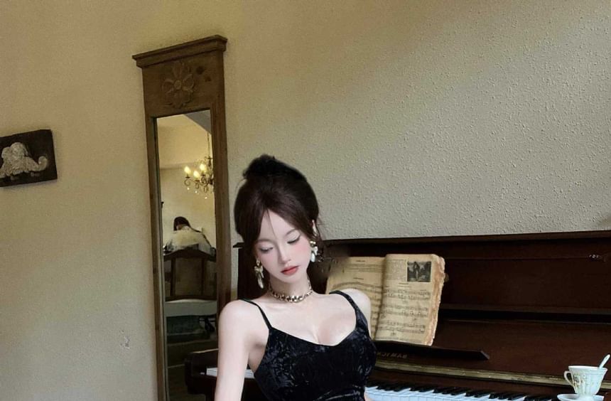 Velvet Midi Mermaid Dress with Sash and Spaghetti Straps