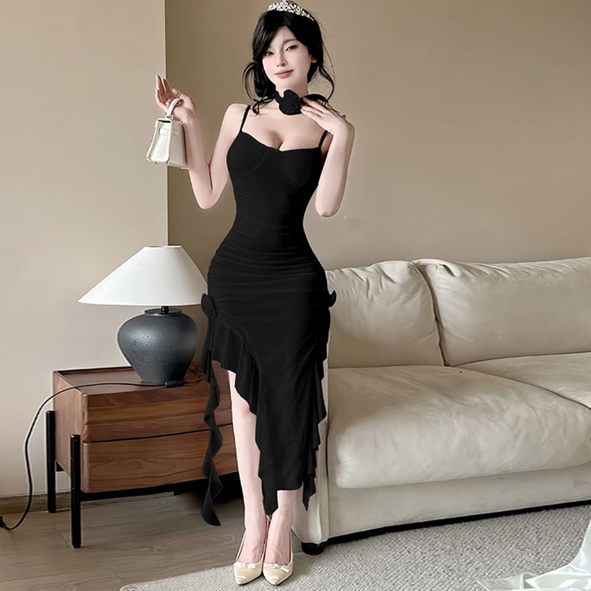 Asymmetrical Ruffle Hem Mini Bodycon Dress with Spaghetti Straps