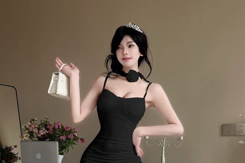 Asymmetrical Ruffle Hem Mini Bodycon Dress with Spaghetti Straps