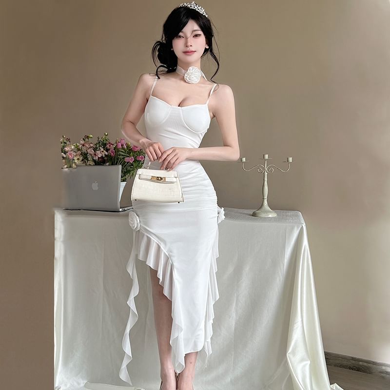 Asymmetrical Ruffle Hem Mini Bodycon Dress with Spaghetti Straps