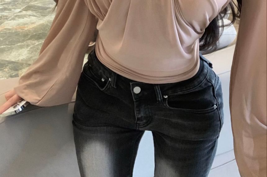 Asymmetrical Long-Sleeve Ruched Plain Off-Shoulder Neck Blouse