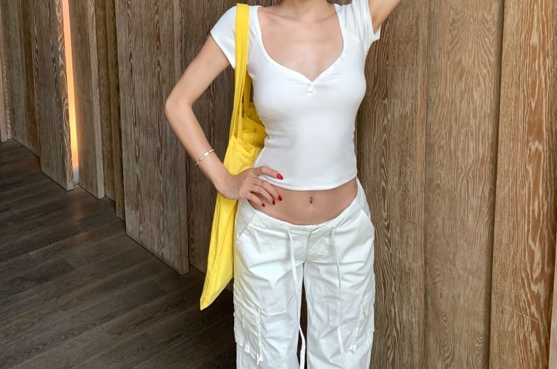 T-Shirt Slim Fit Crop Plain Ruched Short-Sleeve