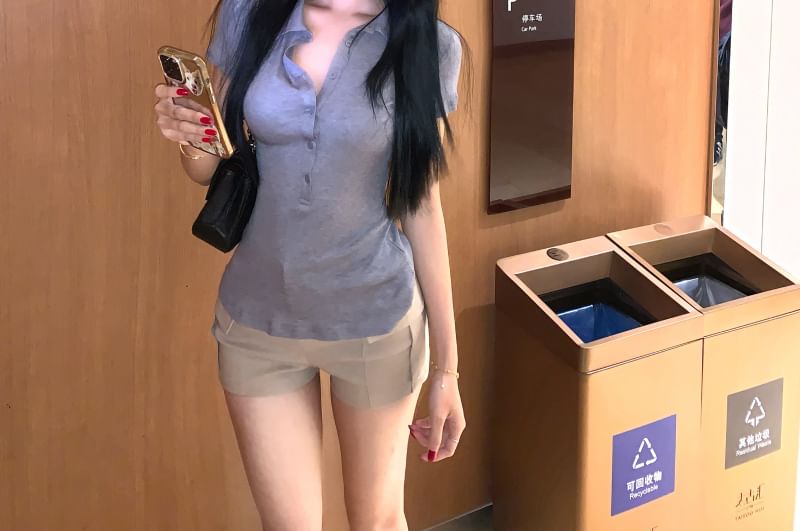 High Collared Short-Sleeve Plain Pants Tee Hot / Fit Waist Slim Half-Buttoned