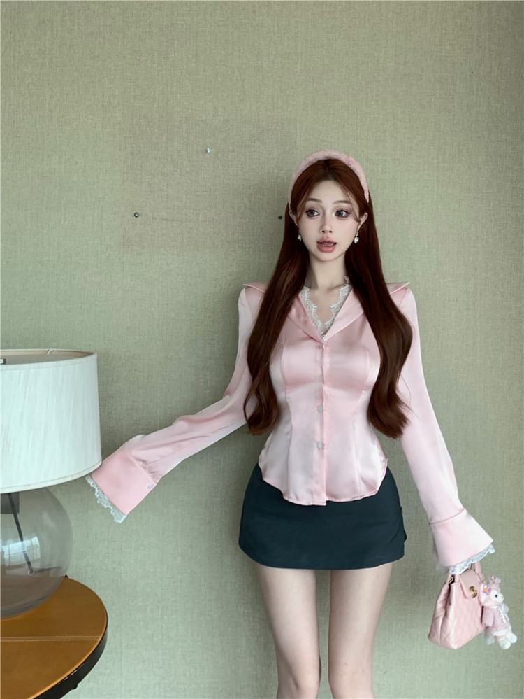Button-Up Mini High / Collared Trim Skirt Plain Pencil Long-Sleeve Blouse Rise Lace