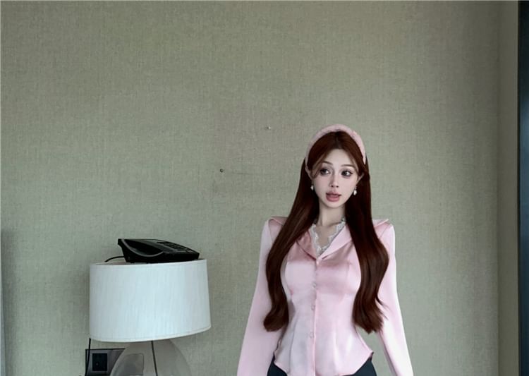 Button-Up Mini High / Collared Trim Skirt Plain Pencil Long-Sleeve Blouse Rise Lace